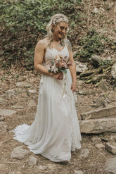 Bohemian A-line V-neck Lace Wedding Dresses, Beach Wedding Gowns